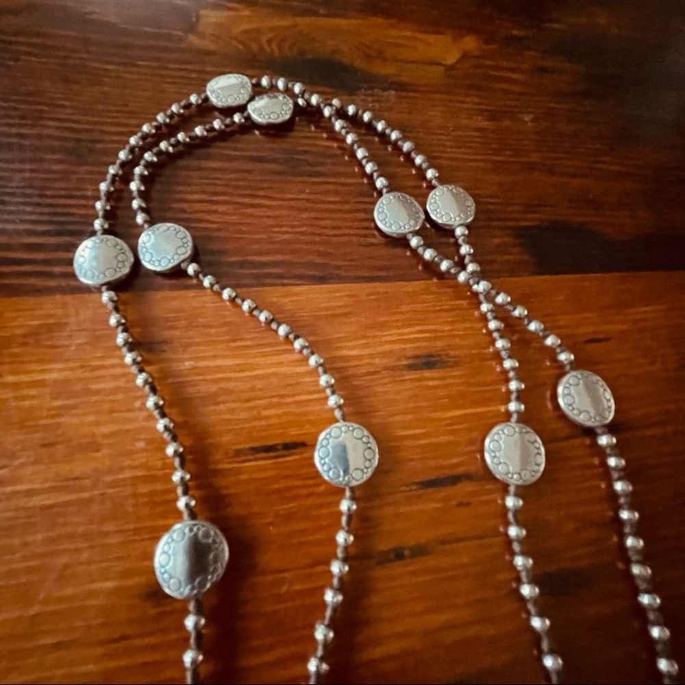 Silver bead layering necklace with leather knots 30 inches single or double wrap